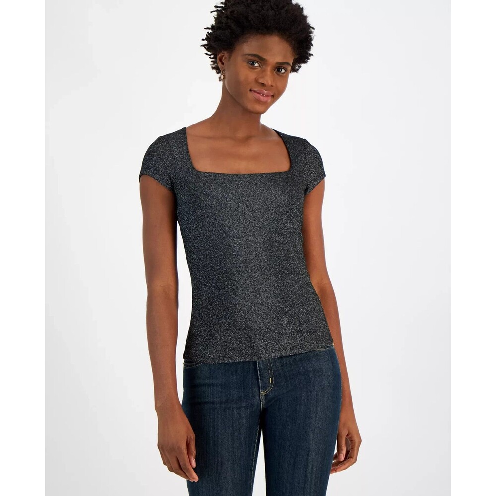 MICHAEL Michael Kors Women’s Metallic Cap-Sleeve Top M Square Neck Shiny Pullove